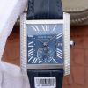 Swiss Made Cartier Tank MC SS Blue Textured Dial Diamonds Bezel Leather Strap