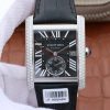 Swiss Made Cartier Tank MC SS Black Dial Diamonds Bezel Leather Strap