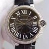 Swiss Made Cartier Ballon Bleu 40mm Diamonds Bezel Black Dial Leather Strap MIYOTA9015