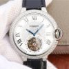 Swiss Made Cartier Ballon Bleu de Cartier Tourbillon SS paved Diamonds Leather Strap