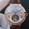 Swiss Made Cartier Ballon Bleu de Cartier 42mm Tourbillon RG Paved Diamonds Leather Strap