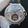 Swiss Made Cartier Ballon Bleu de Cartier Tourbillon SS Paved Diamonds Black Leather Strap