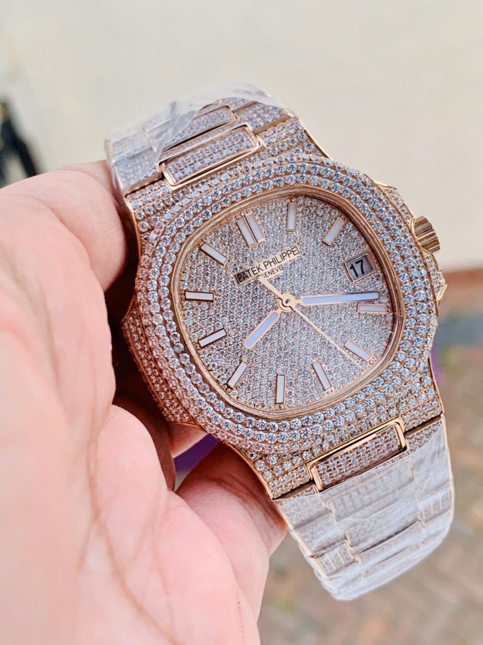 Swiss Made PATEK PHILIPPE ICED Nautilus Jumbo 5711 RG TWF Full Paved Diamonds Dial Case and Bracelet A324