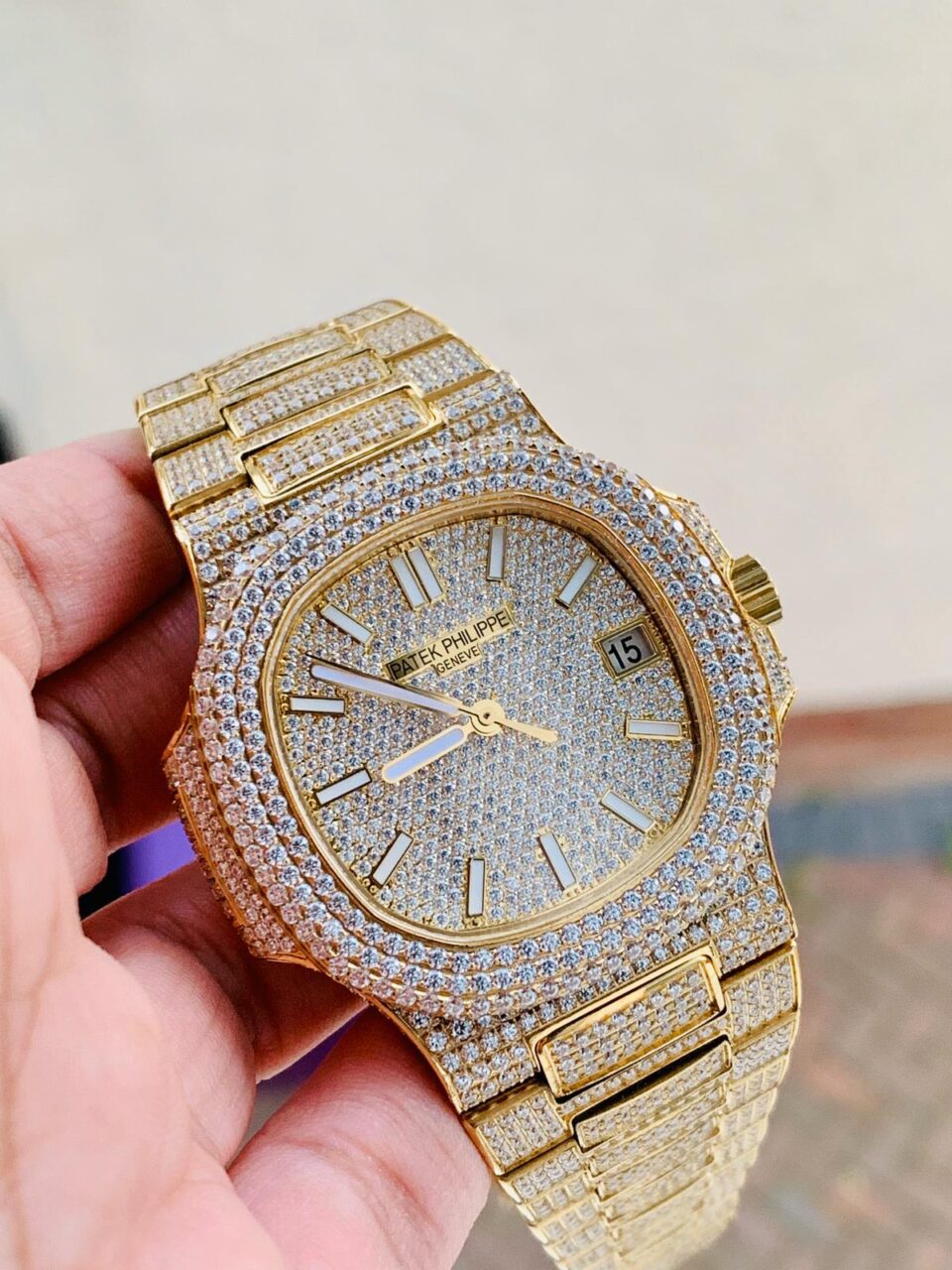 Swiss Made PATEK PHILIPPE ICED Nautilus Jumbo 5711 YG TWF Full Paved Diamonds Dial Case and Bracelet A324