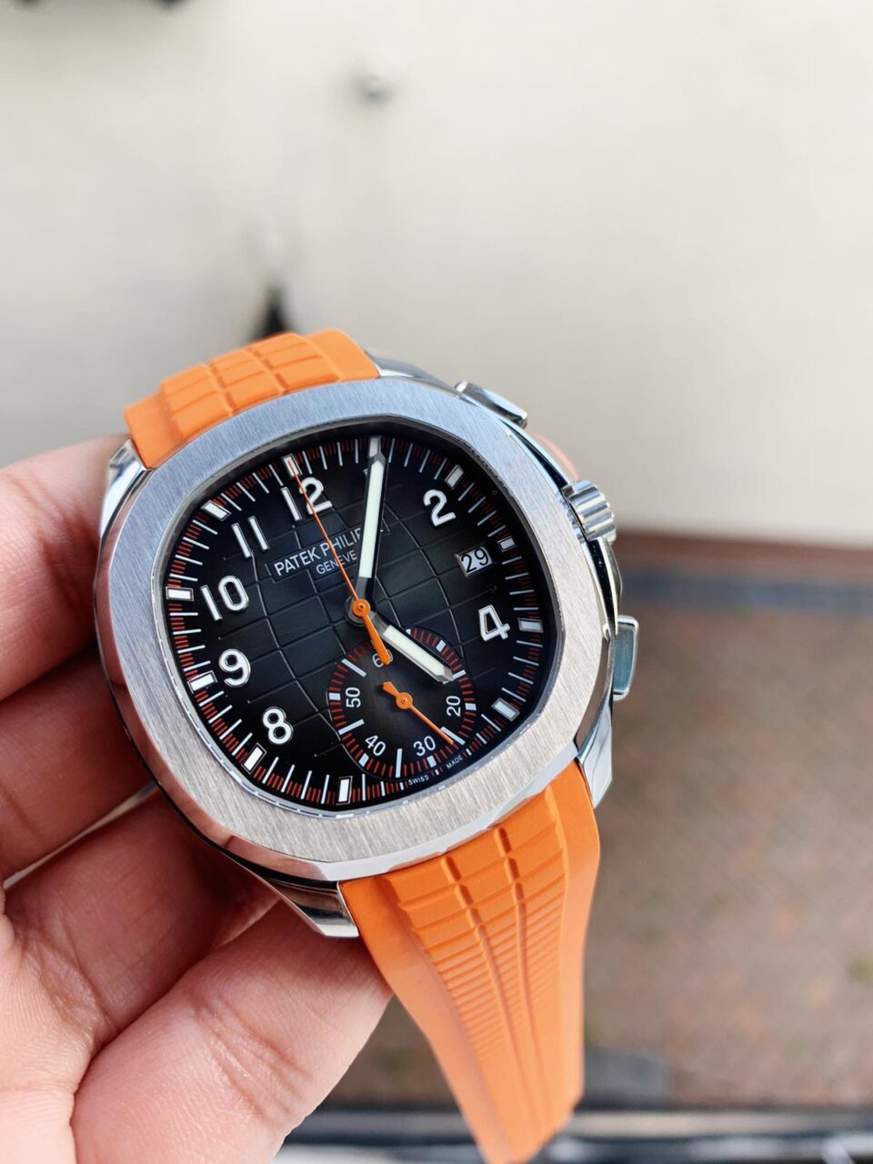 Swiss Made PATEK PHILIPPE Aquanaut 5168G 42mm SS ZF 1:1 Best Edition Black Dial on Orange Rubber Strap