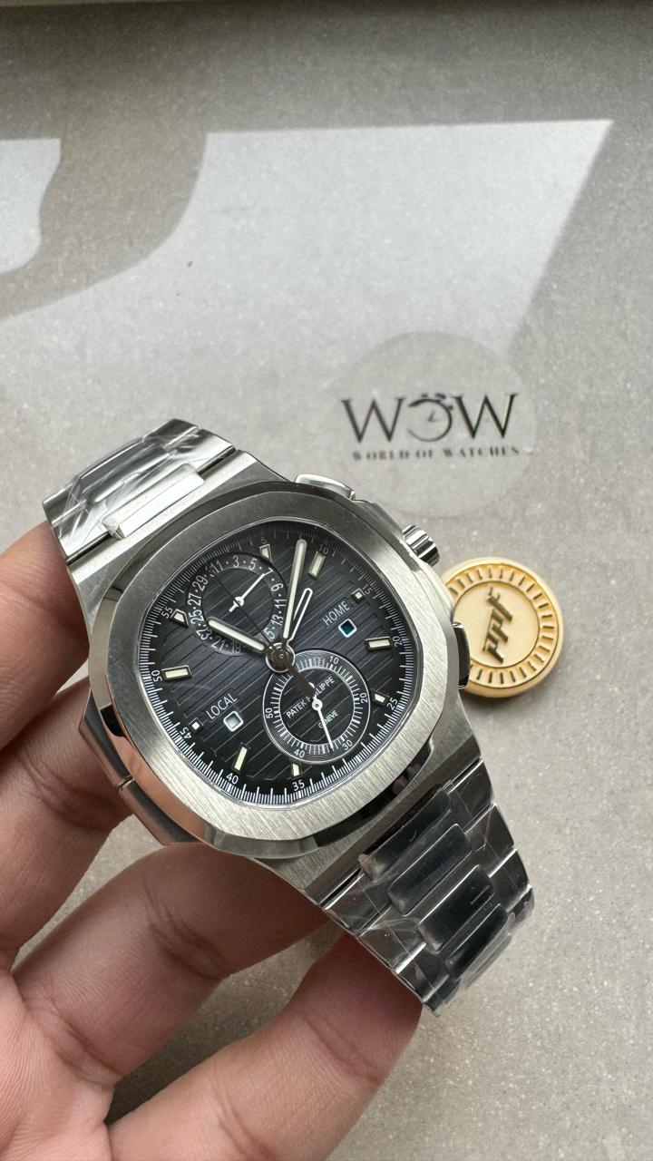 Swiss Made PATEK PHILIPPE PPF Nautilus Chronograph Travel 5990 SS Grey Dial Stick on SS Bracelet A28-520