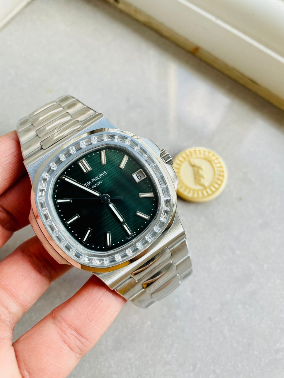 Swiss Made PATEK PHILIPPE Nautilus 5711/1A PPF 1:1 Best Edition Green Textured Dial T Diamonds Bezel on SS Bracelet 324CS V4